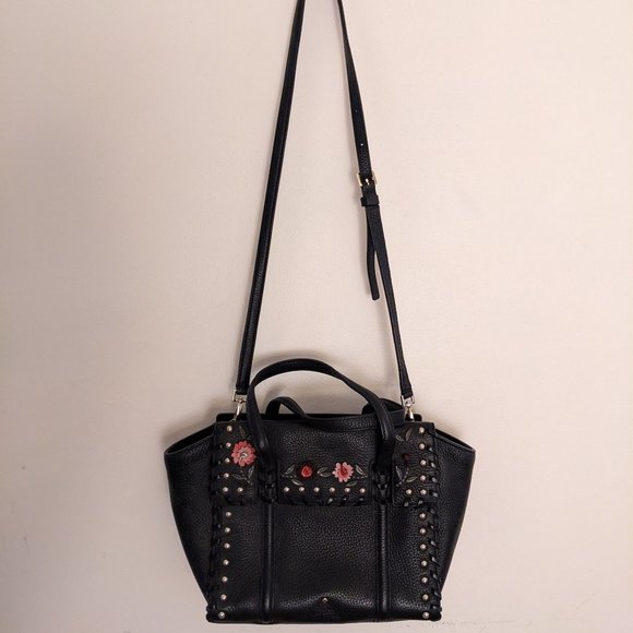 Kate Spade - Medium Black Pebbled Leather Satchel with Flower Embroidery - Picture 1 of 6